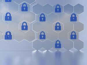 Multiple blue padlocks mounted on a wall in rows