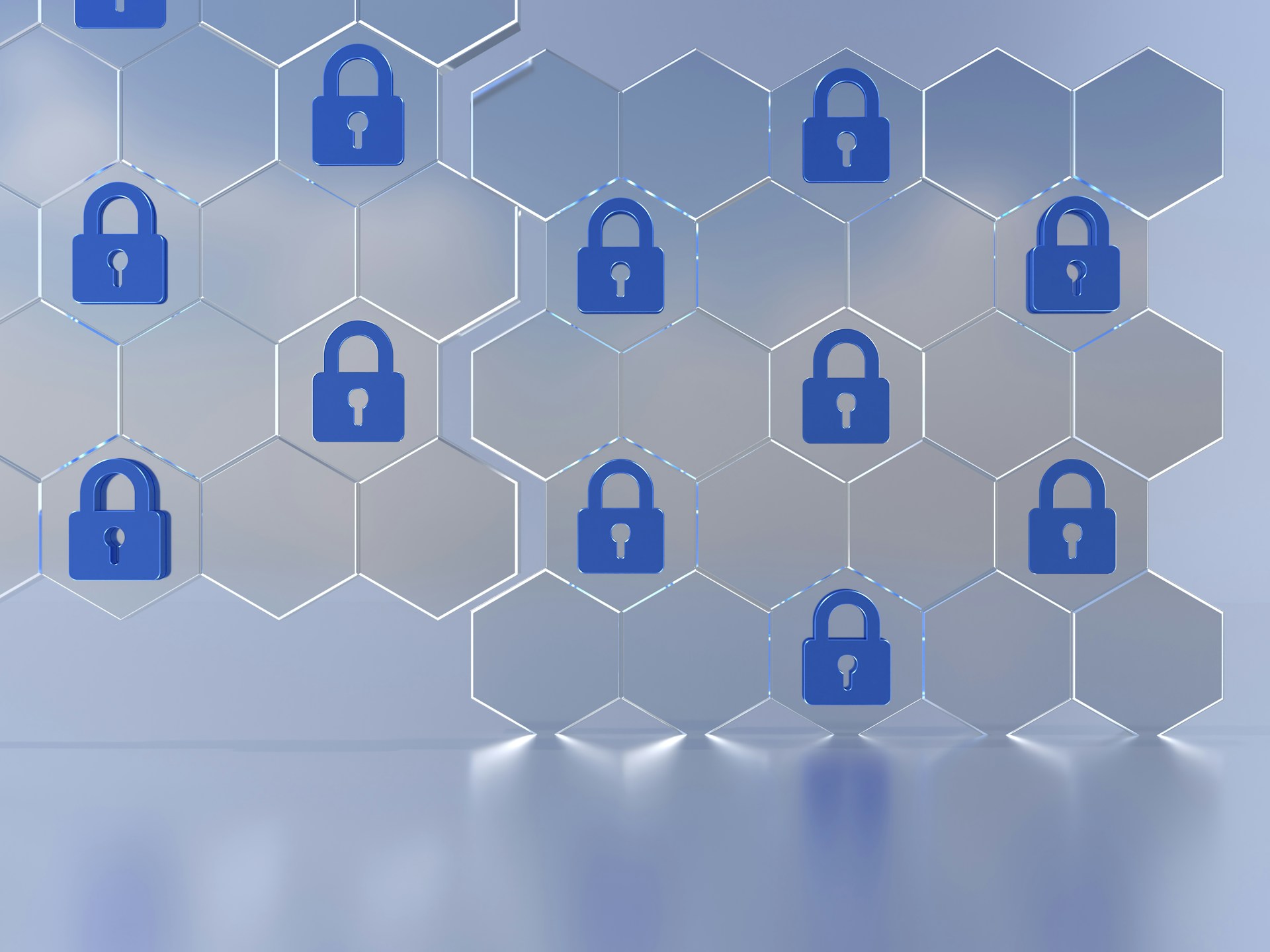 Multiple blue padlocks mounted on a wall in rows