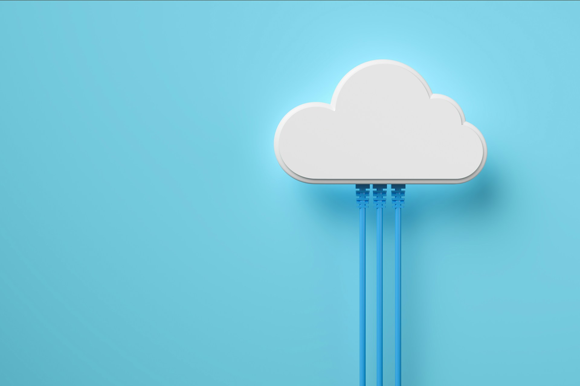 White cloud connected to a network cable on a light background, representing internet connectivity and data transfer