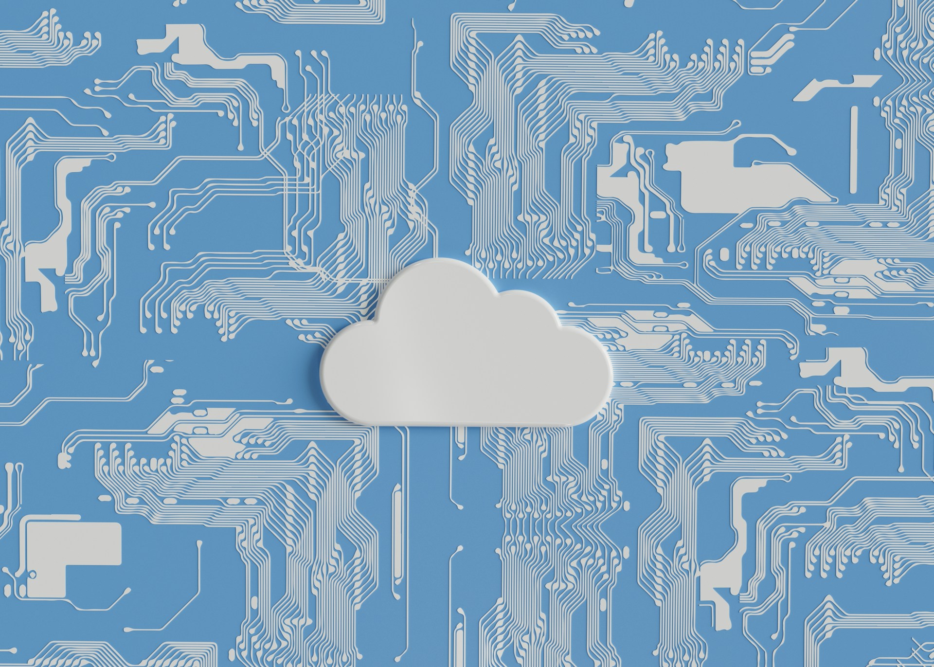 Illustration of a white cloud resting on a blue circuit board, representing digital cloud storage and remote data systems
