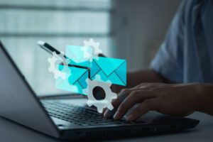 Digital interface showing email messages being sorted into inbox and spam folders