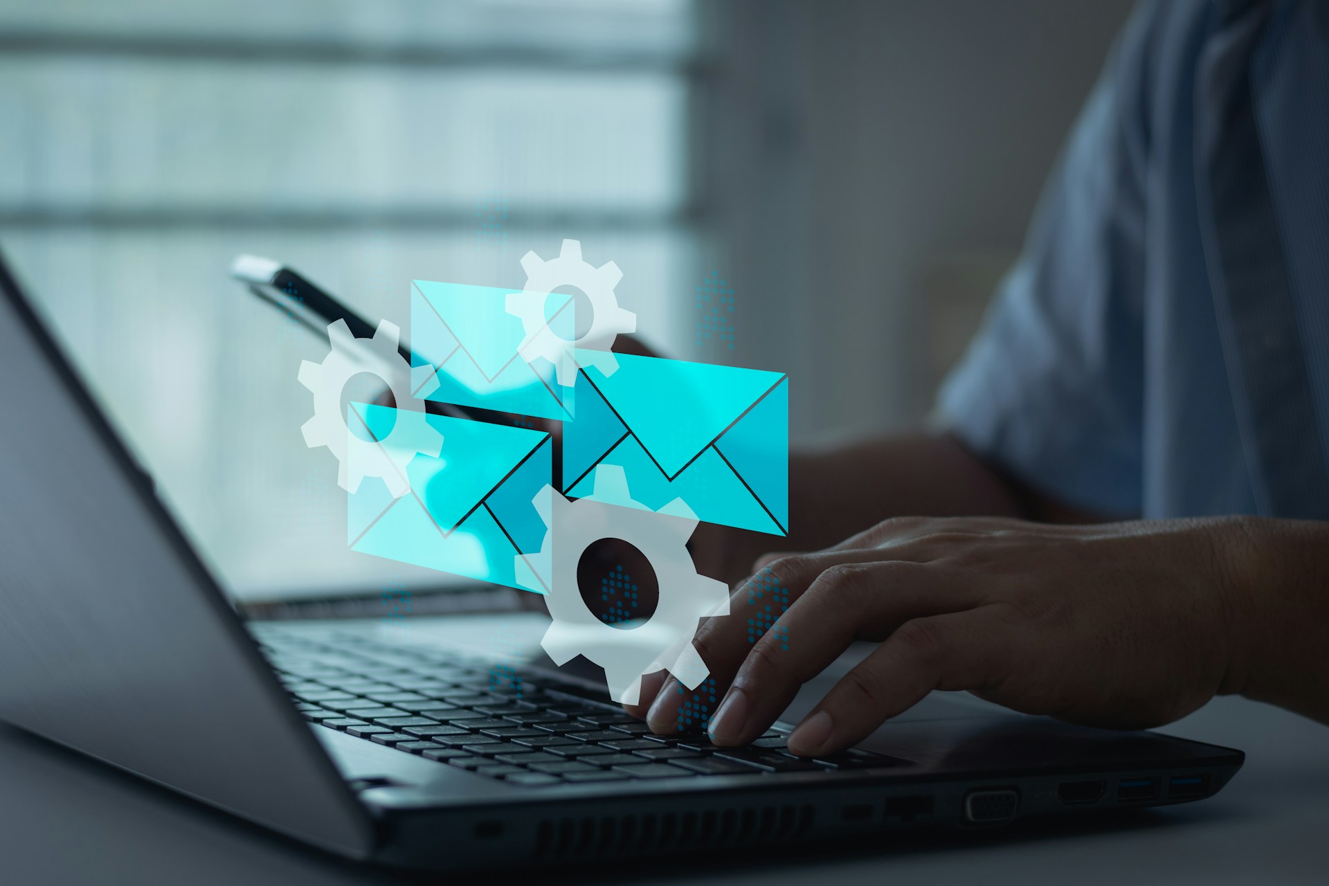 Digital interface showing email messages being sorted into inbox and spam folders