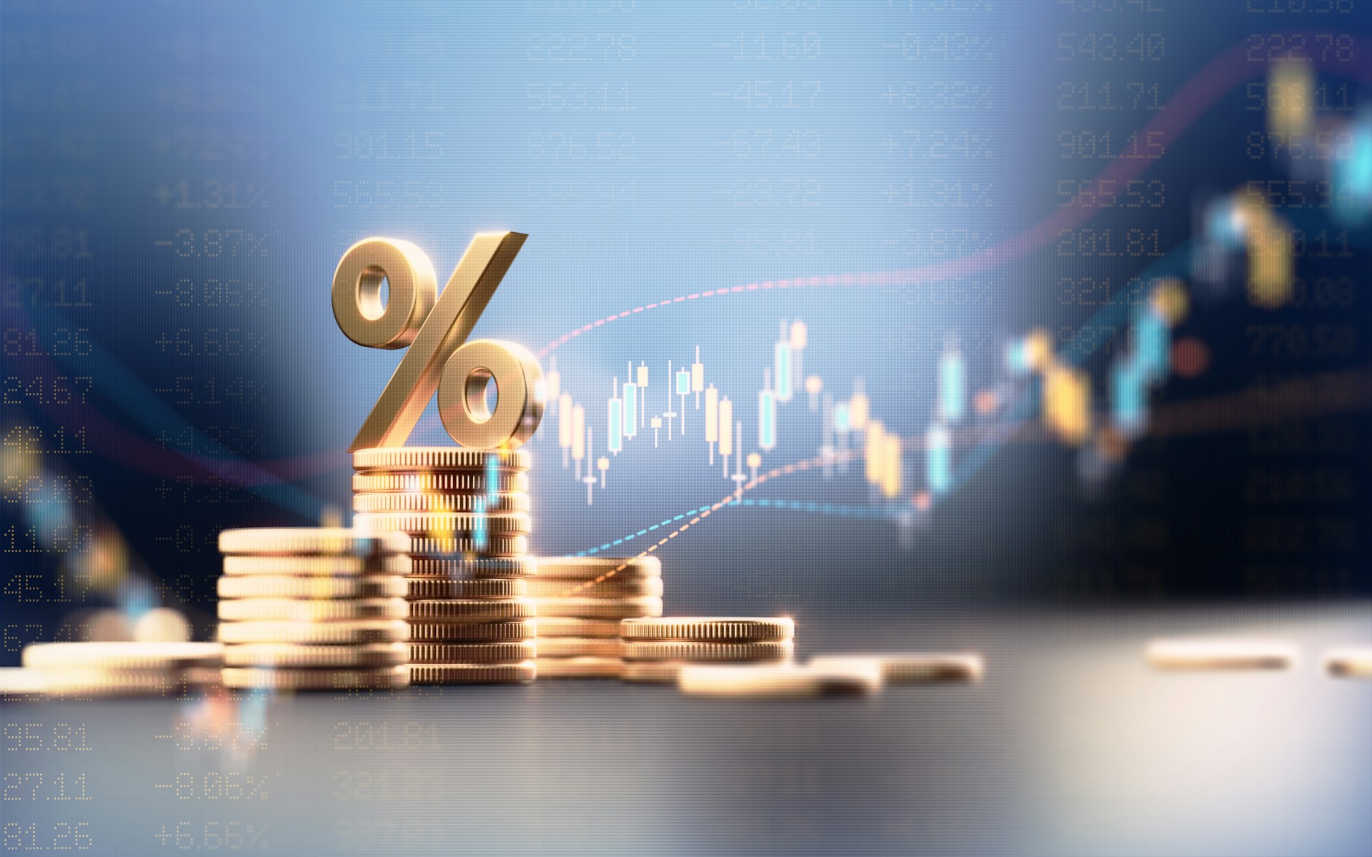 Stacks of coins with a percentage symbol in front of a financial growth chart representing retirement savings and investment accounts.