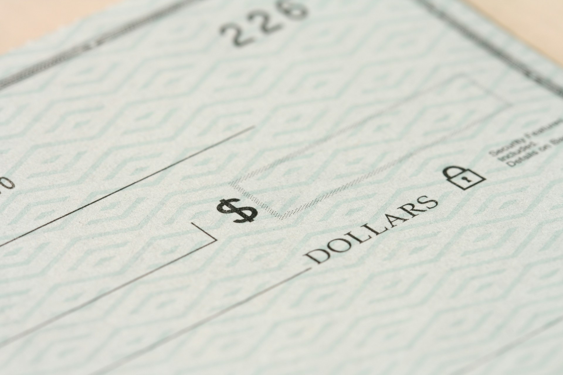 lose-up of a paper check showing the payment fields before bank processing.