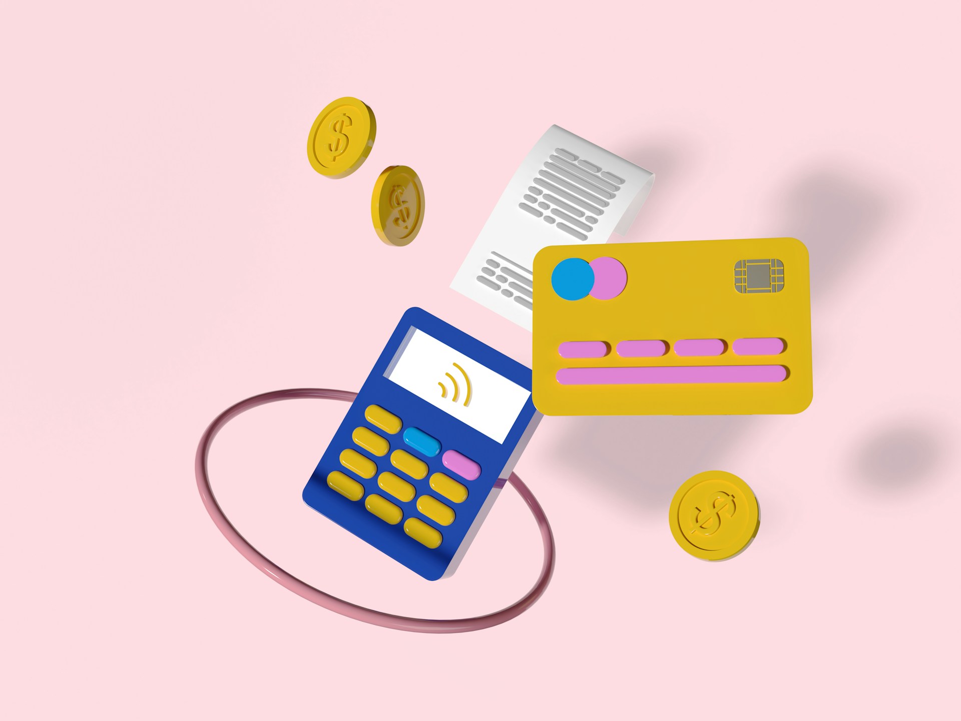 Credit card next to a calculator on a pink background representing electronic payment processing.