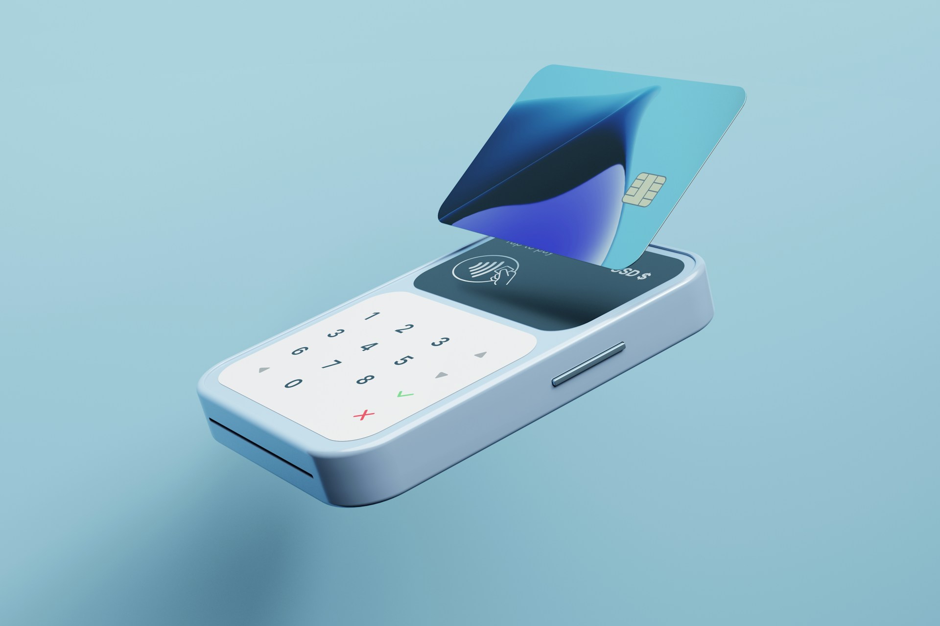 Smartphone with a credit card partially inserted, representing electronic person-to-person payments.